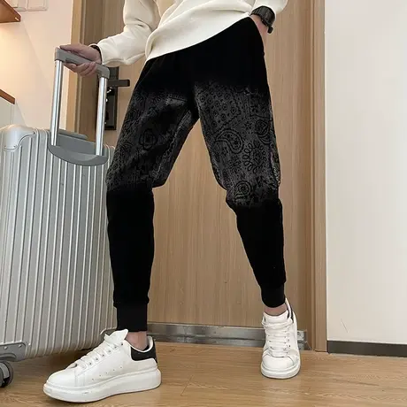 休闲裤潮男秋季潮流渐变印花设计感个性痞帅修身九分束脚哈伦裤商品大图