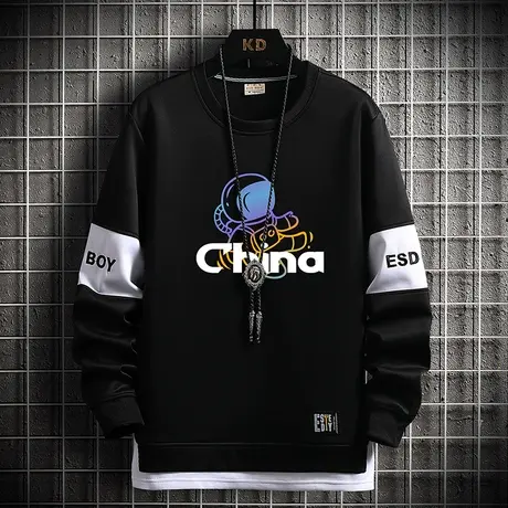 男士长袖t恤2023年春装新款卫衣宽松太空人春秋季男装衣服假两件图片