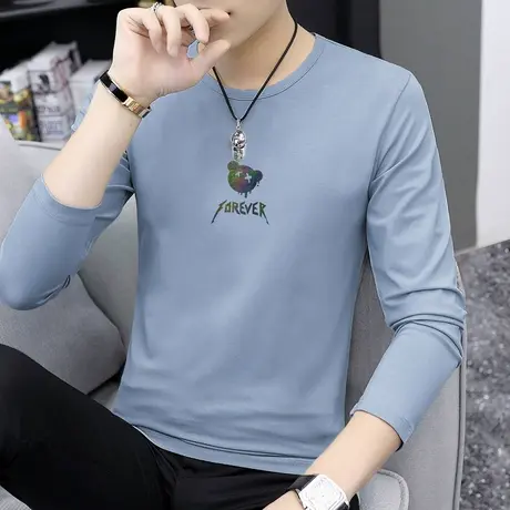 莫代尔长袖t恤男春季潮流圆领上衣服内搭打底衫潮牌小熊印花小衫商品大图