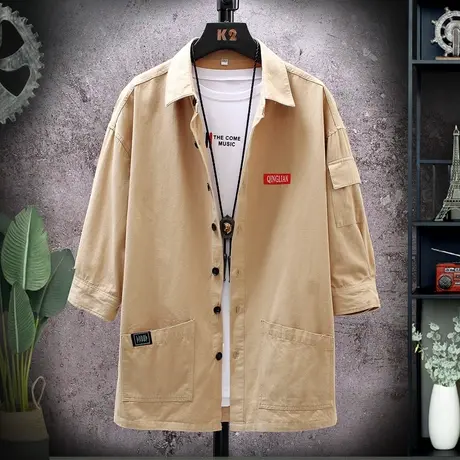 2023春季新款男士潮纯色七分袖衬衫韩版潮流外套宽松休闲工装衬衣商品大图