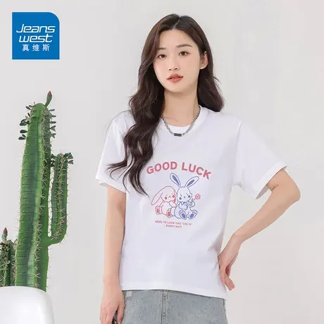 JO真维斯100%纯棉短袖T恤女2023新款宽松时尚简约短款印花打底衫商品大图