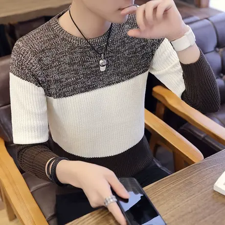 秋冬季长袖毛衣男士韩版修身潮流青少年针织打底衫线衣男装上衣服商品大图