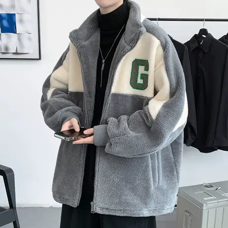 羊羔绒棉衣男冬季撞色拼接立领棉袄男冬装加厚颗粒绒保暖棉服外套图片