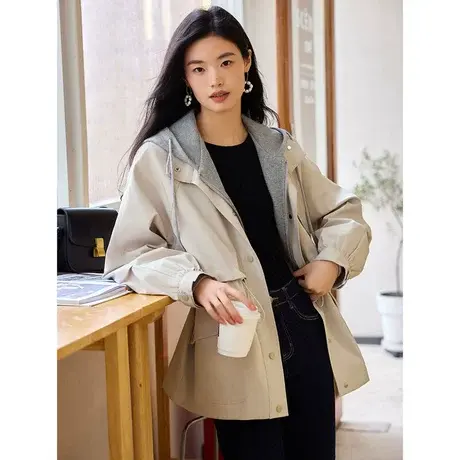 时尚气质中长款连帽风衣2023年秋季新款女士休闲宽松显瘦通勤上衣图片