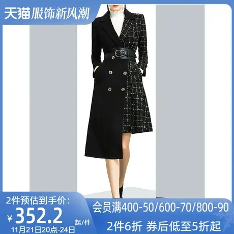 不规则设计感显瘦格子毛呢外套女冬2023新款赫本风双排扣呢子大衣商品大图