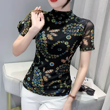 半高领短袖打底衫女内搭网纱T恤2024流行别致独特上衣修身小衫ins商品大图