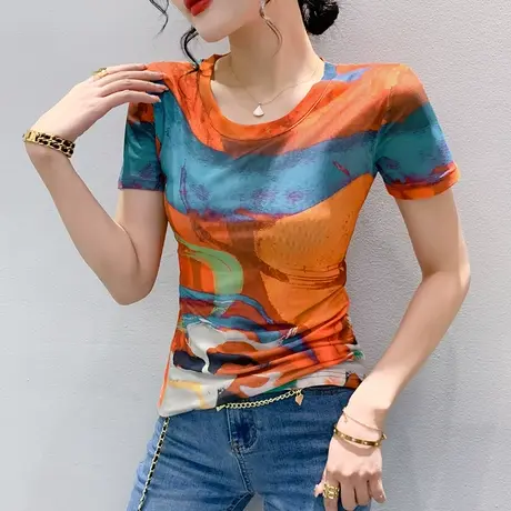 气质减龄女装性感网纱修身T恤短袖拼色印花洋气上衣夏天显瘦小衫商品大图