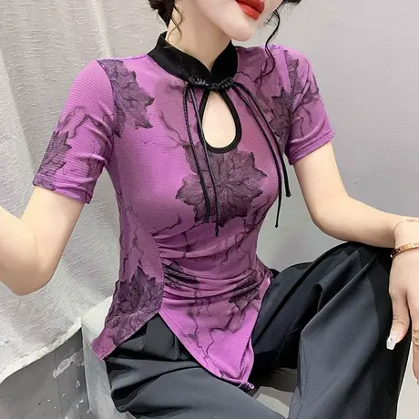 复古水墨画短袖上衣女夏季性感镂空紧身网纱小衫不规则盘扣T恤ins商品大图