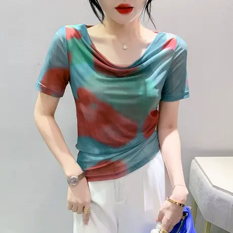 欧货一字领短袖T恤女欧货性感网纱小衫拼色印花上衣收腰显瘦体恤商品大图