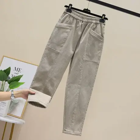 加绒休闲工装裤子女秋冬新款2023显瘦女裤高腰直筒哈伦九分萝卜裤商品大图