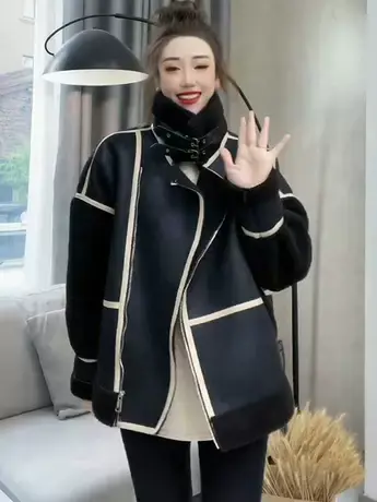 韩风皮毛一体羊羔毛外套女秋冬高级感加绒加厚宽松流行机车夹克潮商品大图