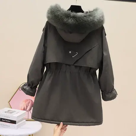 欧洲站大毛领连帽加绒休闲中长款收腰风衣加厚外套显瘦派克服棉衣图片