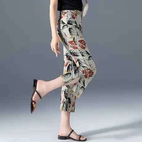 印花裤子女夏季薄款微喇裤2024新款七分裤小个子八分裤开叉喇叭裤商品大图