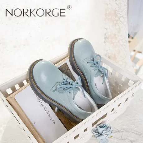 2024新款春英伦学院风蓝色小皮鞋女鞋真皮大圆头增高配袜子单鞋女图片