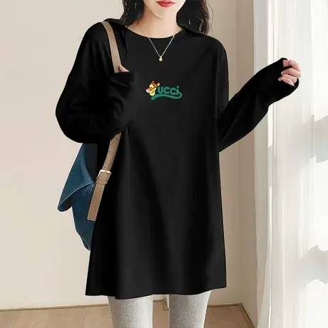 黑色打底衫中长款韩版大码T恤女2022年秋装新款圆领宽松显瘦内搭商品大图