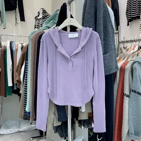 韩国东大门2023秋冬新款修身百搭洋气开叉显瘦连帽磨毛T恤卫衣女商品大图