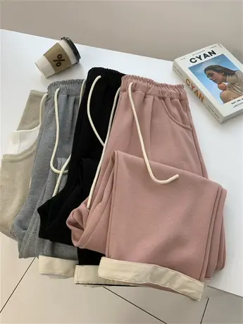 慵懒百搭休闲卷边哈伦裤女松紧高腰抽绳直筒九分裤秋冬新款奶奶裤商品大图