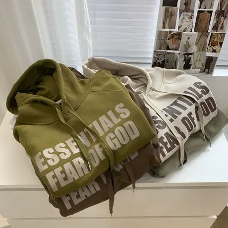 时髦复古棕色加绒插肩袖连帽卫衣女冬季加厚保暖宽松休闲套头外套商品大图