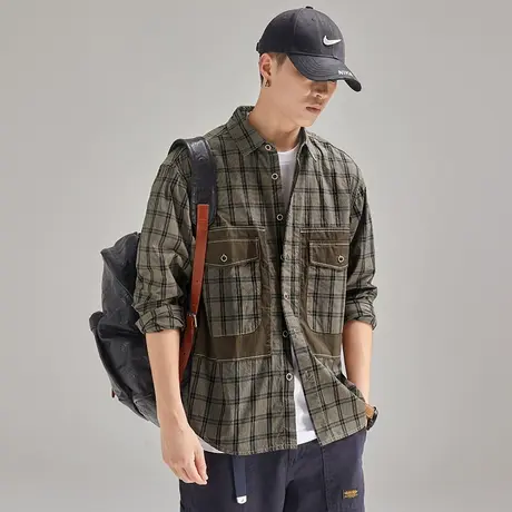 Modi Nick/摩帝尼克复古男士衬衫长袖宽松休闲格子重磅水洗男衬衣图片