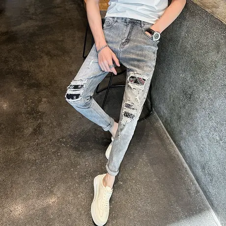 夏季做旧浅灰色破洞牛仔裤男潮牌个性补丁乞丐铅笔裤青年微弹长裤商品大图