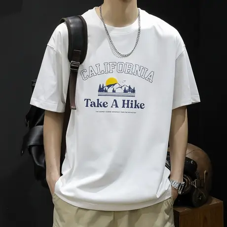 白色短袖t恤男士宽松大码潮牌夏季2024新款纯棉男装圆领体恤男款商品大图
