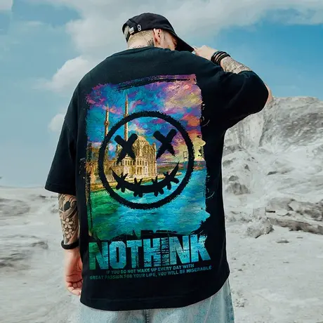 鬼脸oversize潮牌胖子男装大码宽松小恶魔短袖T恤情侣ins半袖潮流图片