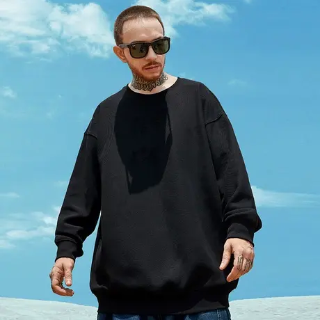 秋冬纯色oversize大码男装加绒卫衣男打底衫简约套头加肥加大圆领商品大图