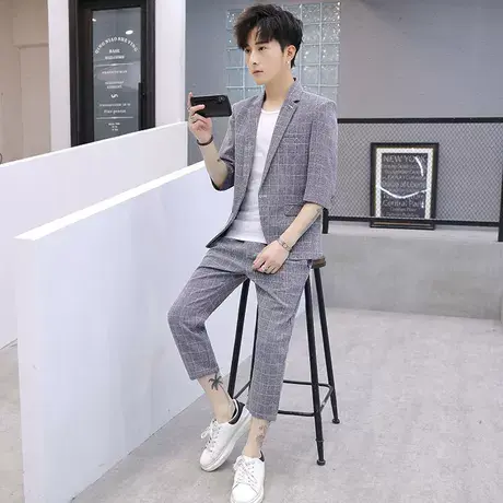 夏天中袖西服套装男修身格子百搭薄款小西装潮帅气 配送T恤三套装商品大图