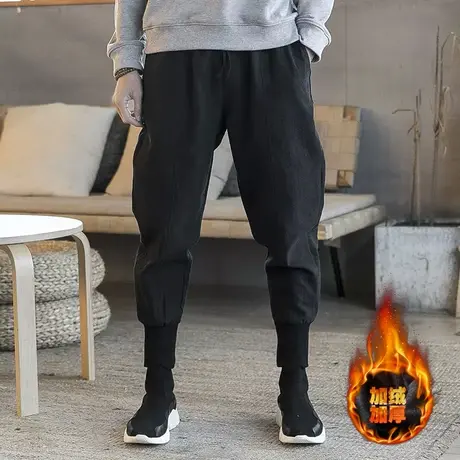 秋冬加绒加厚黑色长裤男中国风棉麻唐装休闲裤亚麻宽松收口束腿裤图片