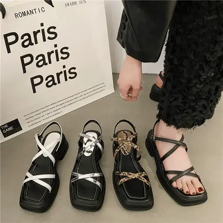 厚底凉鞋女2024新款女士法式海边度假沙滩罗马鞋时尚一字带配裙子商品大图