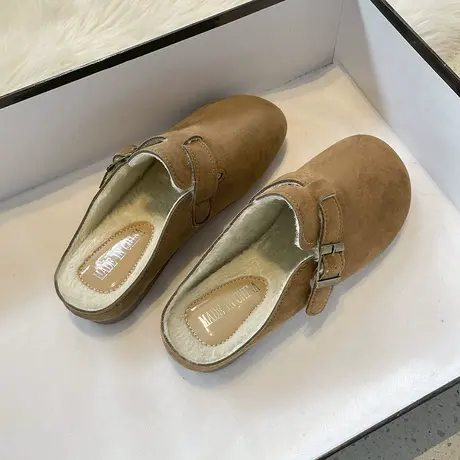 加绒勃肯鞋女2024年新款春秋平底博肯鞋懒人包头半拖外穿毛毛拖鞋商品大图