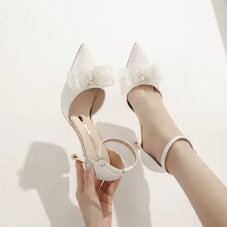 蝴蝶结珍珠高跟鞋女细跟2024夏季新款尖头一字带百搭法式气质凉鞋商品大图