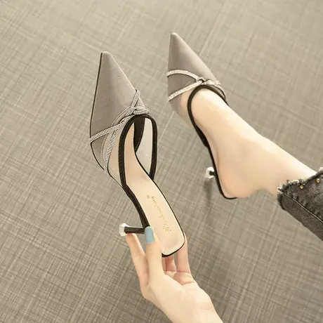 透气网纱尖头半拖鞋女外穿细跟2024年夏新款气质包头水钻高跟凉拖商品大图