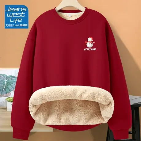 真维斯LIFE红色加绒圆领卫衣女秋冬款2023新款爆款加厚外套女冬季图片