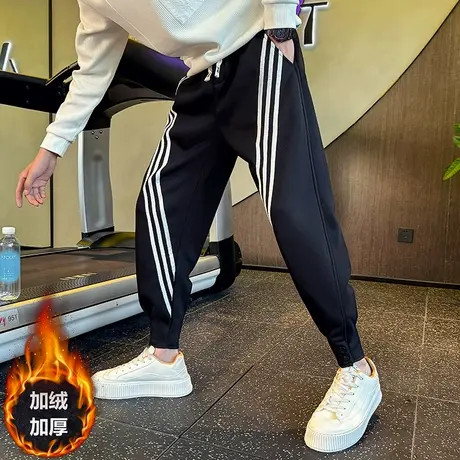 加绒男裤冬款ins潮牌宽松束脚条纹休闲裤重磅加厚青年运动卫裤潮商品大图