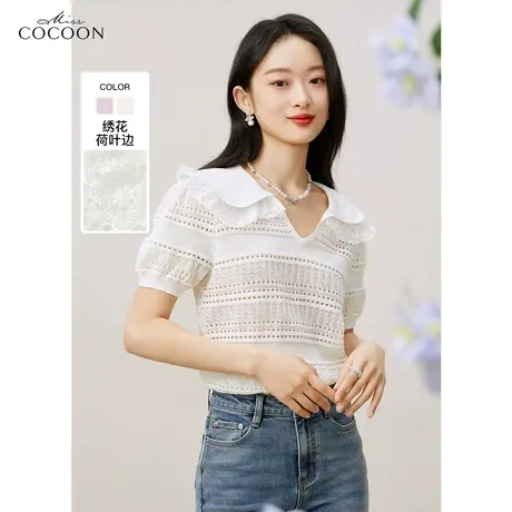miss COCOON法式毛针织衫女2023新款夏时尚气质翻领套头短袖上衣商品大图