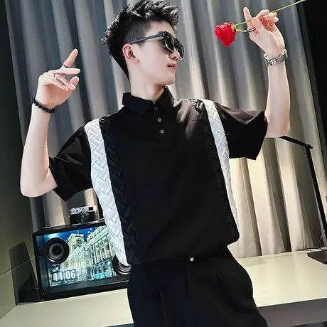 夏季男士t恤短袖polo衫翻领半袖时尚个性撞色拼接休闲半截袖潮流商品大图