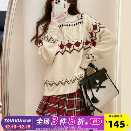 秋冬慵懒风毛衣女2023唐狮新款复古风图案圆领套头内搭毛线衫PO图片