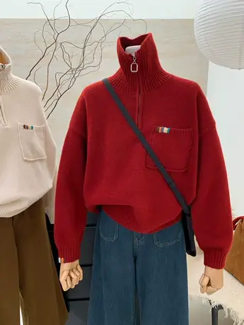 冬季新品2024韩版宽松设计感小众加厚半拉链立领毛衣女百搭上衣服商品大图