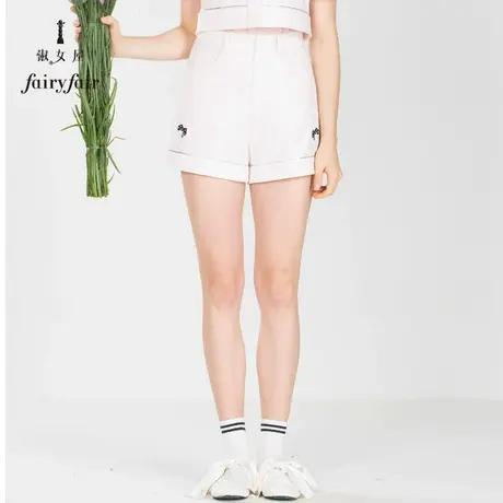 淑女屋夏装新款天鹅刺绣短裤浅粉色休闲裤牛仔短裤女图片