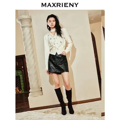 [3件8折]MAXRIENY精致复古绣花环保皮半裙高腰A摆裤裙商品大图