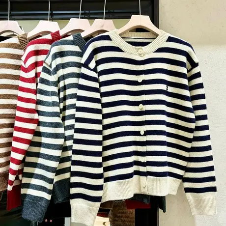 享永子【条纹主旋律】30%羊毛圆领针织开衫毛衣外套2024早春新款商品大图