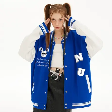 Nuthink宽松中性可爱兔子克莱因蓝棒球服男潮牌秋季大码夹克外套商品大图