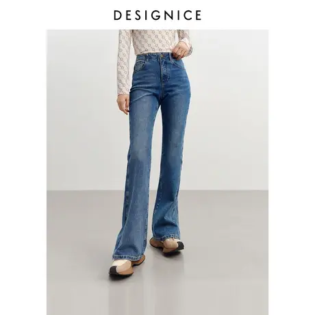 迪赛尼斯春秋新款高腰喇叭裤蓝色复古风水洗拖地喇叭牛仔裤女商品大图