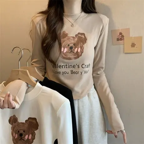 气质不规则设计感长袖t恤女春秋2023新款修身内搭短款打底衫上衣商品大图