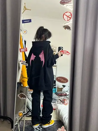 黑色连帽卫衣女大码秋冬加绒加厚小众设计感美式复古宽松外套上衣商品大图