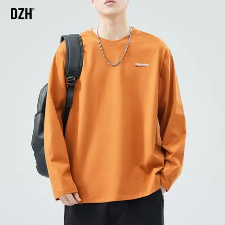 男士橙色t恤男长袖纯棉打底衫2024新款内搭衣服男款宽松上衣体恤商品大图