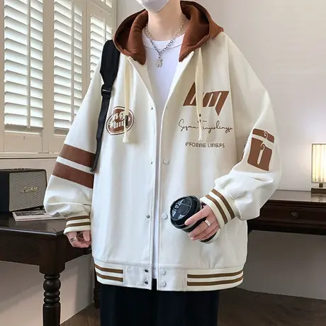 连帽棒球服男款春秋季港风夹克外套男潮牌青少年字母印花开衫卫衣图片