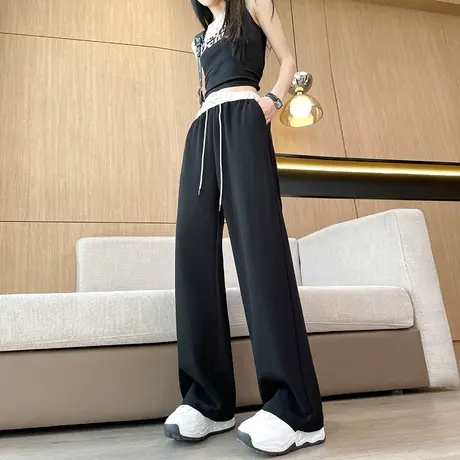 美式黑色运动裤女春季新款高腰宽松休闲显瘦百搭垂感拼接阔腿卫裤图片