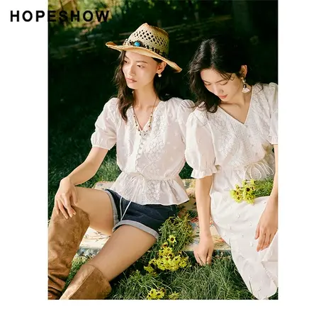 红袖outlets白色雪纺衫hopeshow2023夏季新款女绣花抽绳收腰上衣商品大图